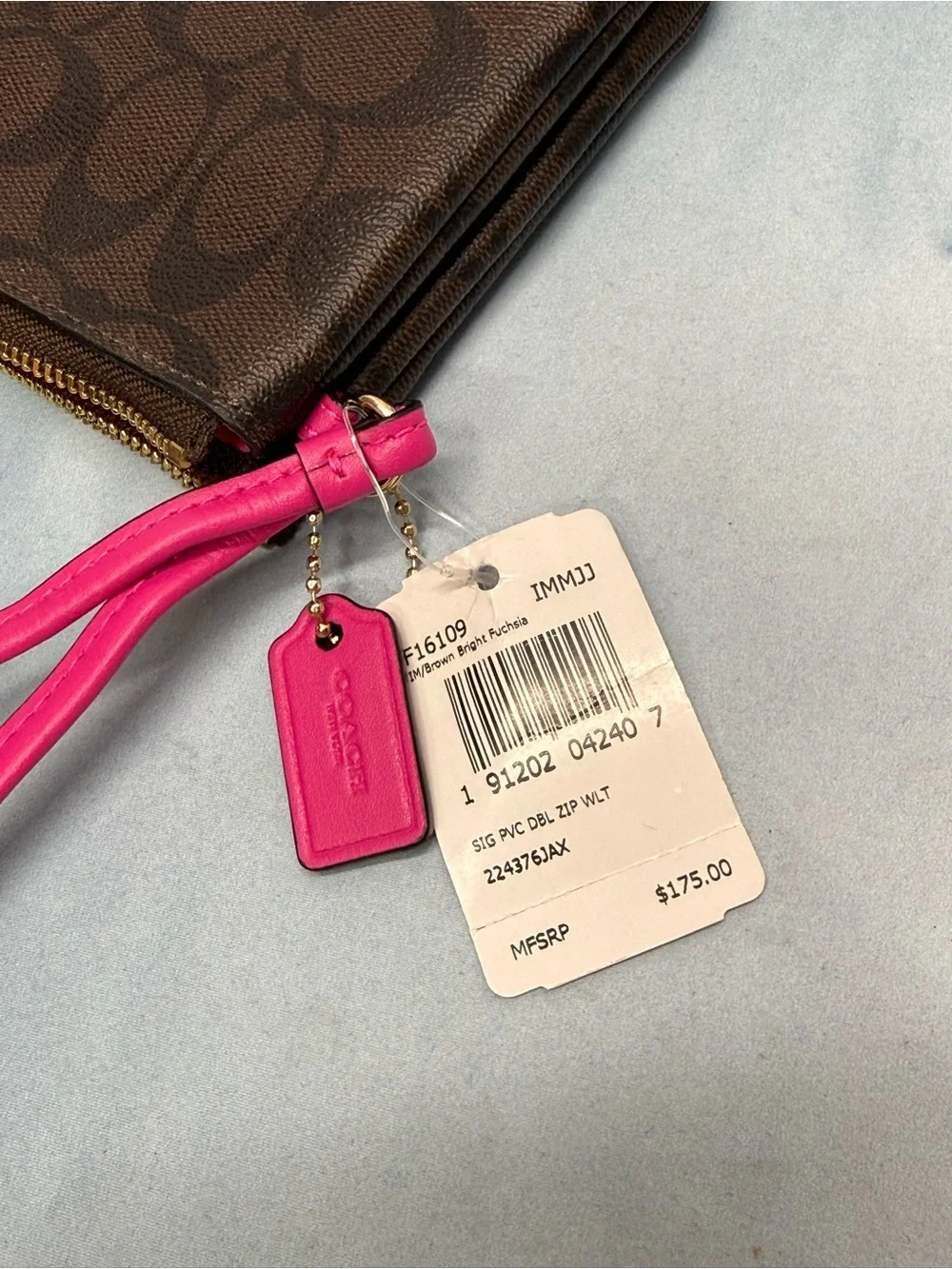 (new+tag) Coach Double-Zip Wristlet Brown Signature Monogram - Pink Wrist Strap